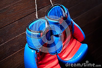 Close-up of the pair of blue and red boxing gloves hanging in a wooden wall. Stock Photo