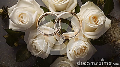 close up pair of golden wedding rings on a bouquet of white roses Stock Photo