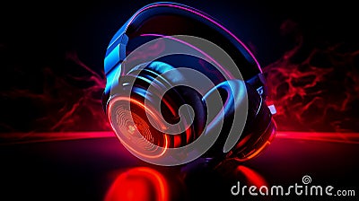 Close up of pair of headphones on black background with red light Stock Photo