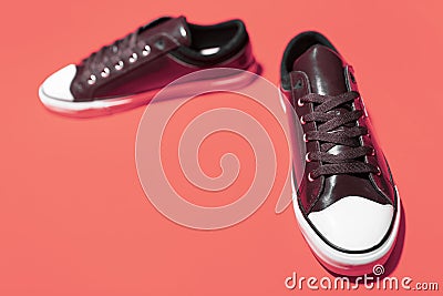 Close-up of pair of vintage sneakers shoes on coral pink background. Stock Photo