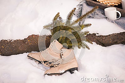 Close up of pair of white Ice skates on snow Stock Photo