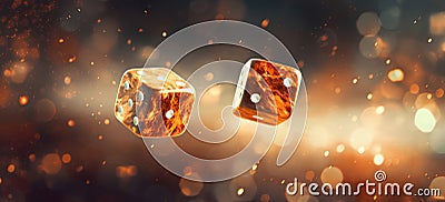 Close-up panorama of a die throw with dice floating against an abstract background. Board tabletop games, chance, casino, Stock Photo