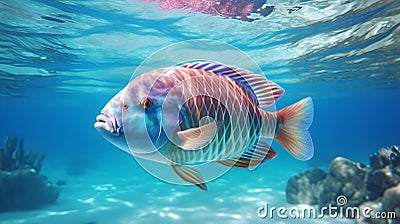 Close up of a Parrotfish swimming in the clear Ocean. Natural Background with beautiful Lighting Stock Photo