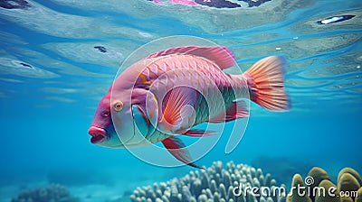 Close up of a Parrotfish swimming in the clear Ocean. Natural Background with beautiful Lighting Stock Photo