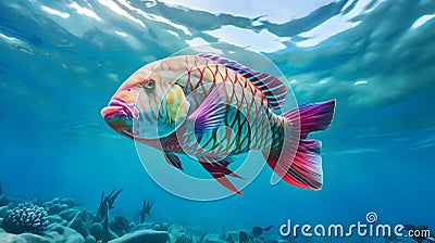Close up of a Parrotfish swimming in the clear Ocean. Natural Background with beautiful Lighting Stock Photo
