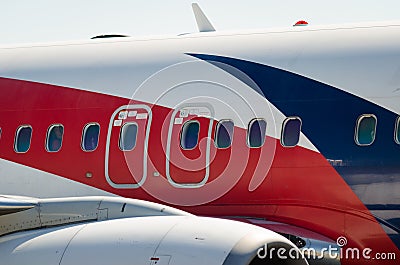 Close up of engine anf emergency doors of the plane Editorial Stock Photo