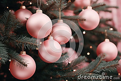 AI generated. Close up of pastel pink Christmas tree toy ball decoration on a fluffy fir branch Stock Photo