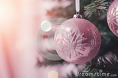 AI generated. Close up of pastel pink Christmas tree toy ball decoration on a fluffy fir branch Stock Photo