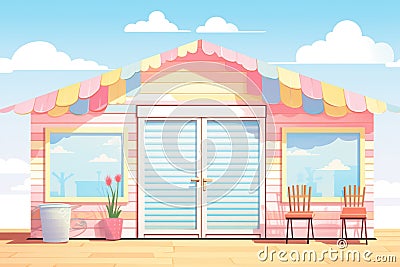 a close-up of pastel shutters on a beach cottage against a clear sky, magazine style illustration Cartoon Illustration