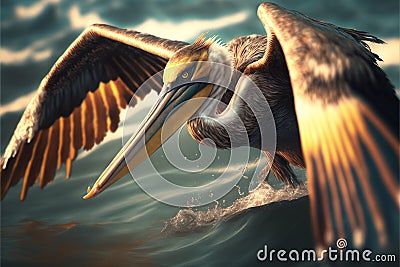 Close up of a pelican flying at sea level, GENERATIVE AI Stock Photo