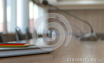 Close up Pencil Pen and Notebook on brown table in meeting room Stock Photo