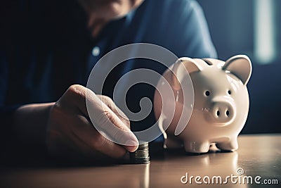 Close-Up Of A Pensioners Hand Stacking Coins Next To A Piggy Bank To Save Money For Future Investments And To Supplement His Stock Photo