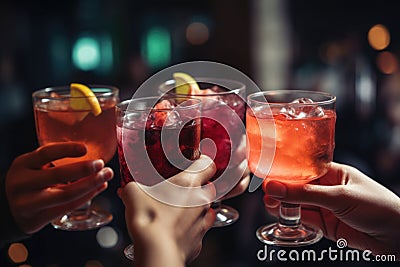 Close up of people cheering cocktails in a bar. Cheerful friends clinking glasses. Generative AI Cartoon Illustration