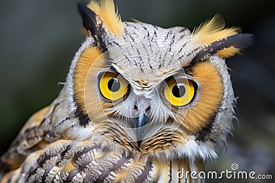 close-up of a perched owl, staring with yellow eyes Stock Photo