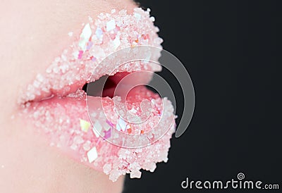 Close-up perfect makeup beautiful female mouth. Gentle lips, sweet kiss, plump full lip. Closeup plump Lips. Sexy full Stock Photo