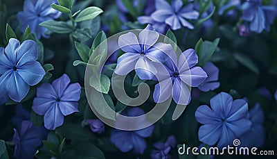 A close-up of periwinkle flowers in a garden, showcasing their delicate petals and soothing color palette with impeccable 8k Stock Photo