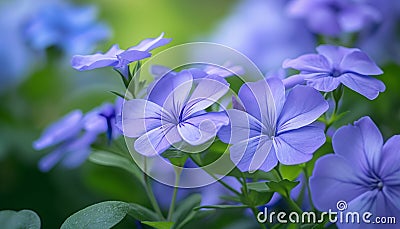 A close-up of periwinkle flowers in a garden, showcasing their delicate petals and soothing color palette with impeccable 8k Stock Photo