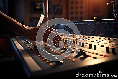 Close up of person hand on sound mixing console, buttons on audio mixer, AI Generative Stock Photo