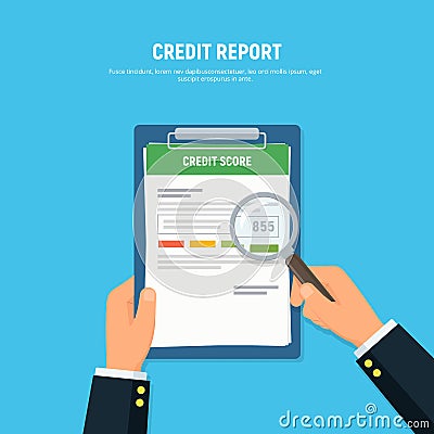 Close-up of person hands with clipboard credit score and magnifier glass. Concept personal credit score information. Vector Illustration