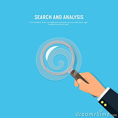 Close-up of person hands with magnifier glass. Concept of search and analysis information. Vector Illustration