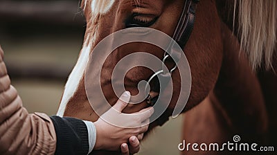 A close up of a person petting a horse. Generative AI image. Stock Photo