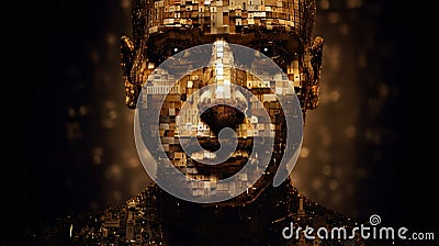 A close up of a person's face made up of many small pieces of gold. AI generative image. Stock Photo
