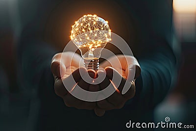 A close-up of a person's hands holding a glowing brain shaped light bulb, representing innovative ideas Stock Photo