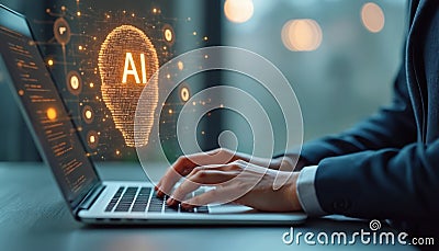 Close-up of person typing on laptop with AI head icon graphic. Visualization of generative AI prompt engineering concepts. Future Stock Photo