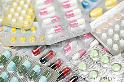 Close up pharmaceuticals antibiotics pills medicine in blister packs. Stock Photo