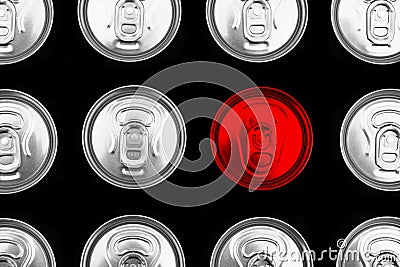 Close up photo of aluminium one red can in a raw. Aluminium can background. Can Pattern. Aluminium beverage cans. Drink can. Metal Stock Photo