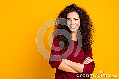 Close up photo amazing attractive her she lady glad self-confident arms crossed leisure rejoice wearing maroon knitted Stock Photo