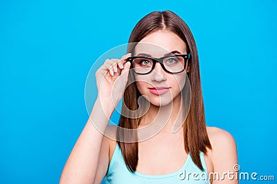 Close up photo amazing beautiful she her lady intelligence look candid eyes graduated first working day week reliable Stock Photo