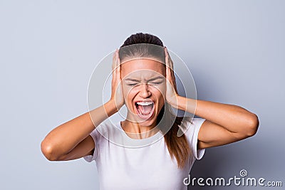 Close up photo amazing beautiful she her lady not fear situation epic fail bad mood yelling loud eyes closed hide ears Stock Photo