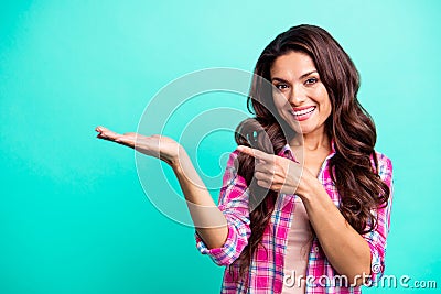 Close up photo amazing she her wavy lady hand arms finger advising buy buyer new product wearing casual plaid checkered Stock Photo