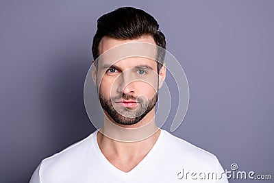 Close up photo amazing he him his macho perfect ideal appearance neat bristle easy-going reliable person look calm not Stock Photo