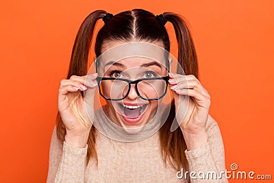 Close up photo astonished childish foolish person eyewear eyeglasses touch open mouth impressed incredible unbelievable Stock Photo