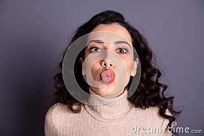 Close up photo attractive positive she her nice lady send air kiss friends boyfriend husband fiance funny facial Stock Photo