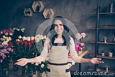 Close up photo beautiful adorable amazing she her lady invite gesture please come in hands arms opening meeting many Stock Photo