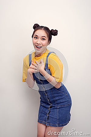 Close up photo beautiful amazing funky she her lady two buns kindhearted easy-going overjoyed on white background Stock Photo