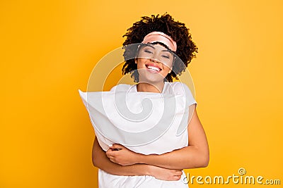 Close up photo beautiful amazing she her dark skin lady hand hug embrace pillow great weekend awakening wear sleep mask Stock Photo