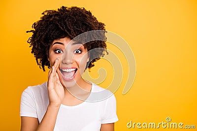 Close up photo beautiful amazing she her dark skin lady hand mouth send share spread information messages excited wear Stock Photo