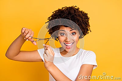 Close up photo beautiful amazing she her dark skin lady hold hair scissors hands ready decided change style hairdress Stock Photo