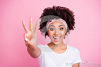 Close up photo beautiful amazing she her dark skin lady hold hand arm counting three two one till start beginning show Stock Photo