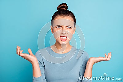 Close up photo beautiful amazing she her lady arms hands raised terrible situation toothy mouth not fear way conclusion Stock Photo