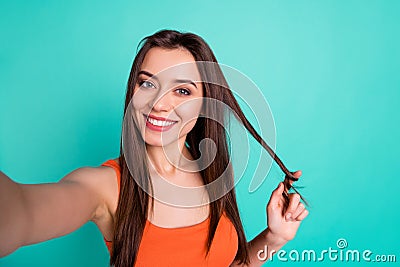 Close up photo beautiful amazing her she lady coquette wind one curl finger make take selfies tell speak say skype Stock Photo