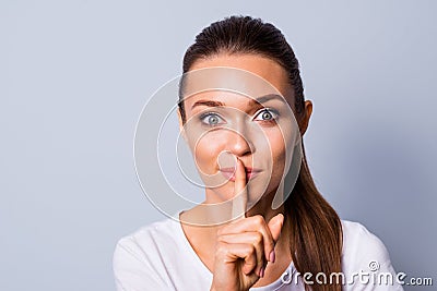 Close up photo beautiful amazing she her lady ideal appearance secret information hush finger lips mouth please stop Stock Photo