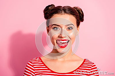 Close up photo beautiful amazing she her lady pretty hairdo two buns bright pomade allure big lips tongue out mouth need Stock Photo