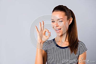 Close up photo beautiful amazing she her lady show ideal teeth self-confident okey symbol hand arm blink eye advising Stock Photo