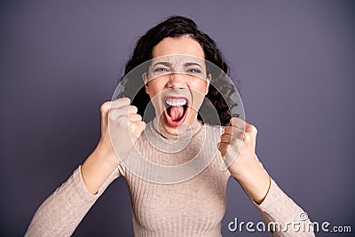 Close up photo beautiful amazing wild she her lady yelling loud not fair situation roar hands arms fists raised forward Stock Photo