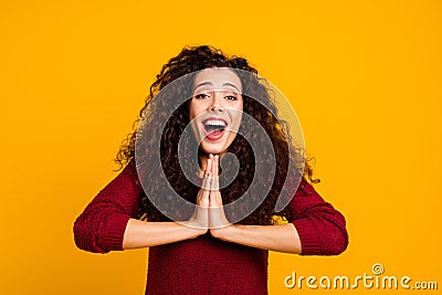 Close up photo beautiful cheerful amazing her she lady showing devotion issue begging praying buy buyer pretty shirt Stock Photo